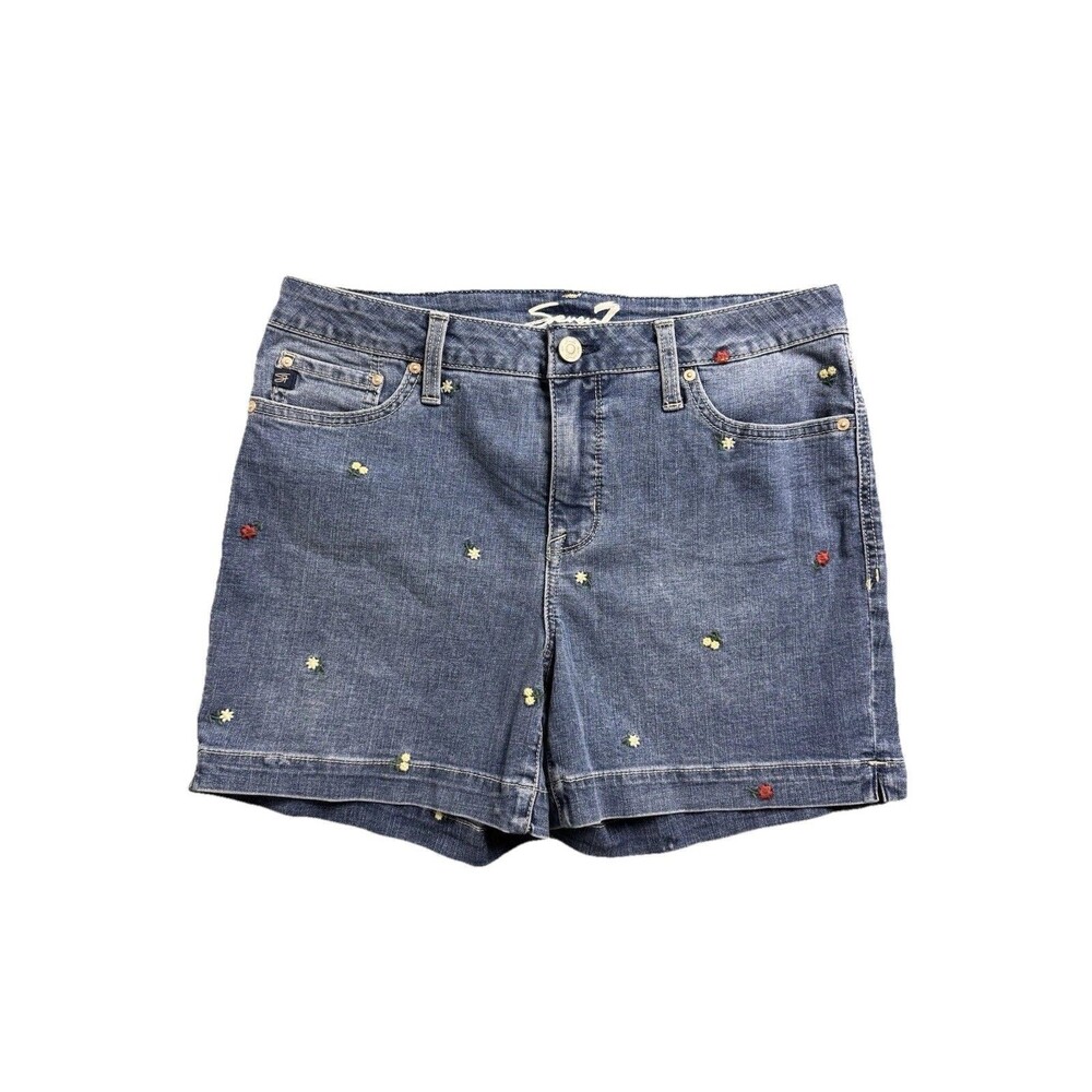 Seven7 Womens 10 Denim Shorts Blue Embroidered Floral Weekend Short Stretch EUC